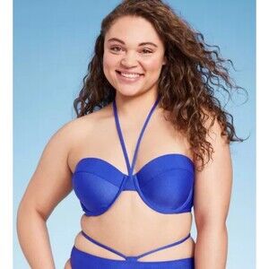 Women's Shade and Shore Lightly Lined Ribbed Halter Bikini Top Blue 36DD